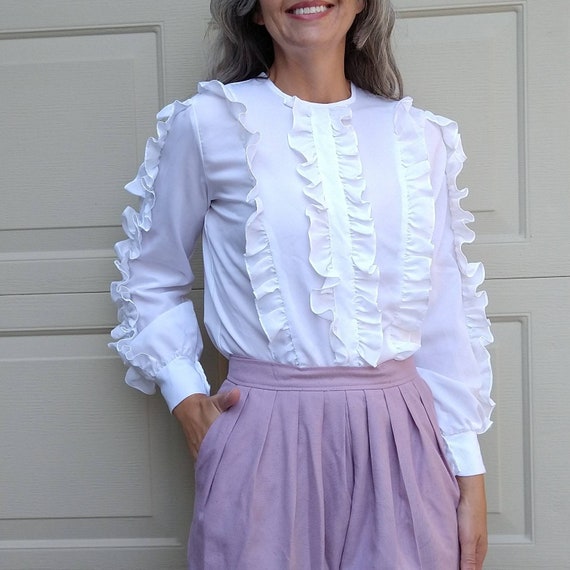 1980's WHITE RUFFLED BLOUSE 80's S (B5) - Gem