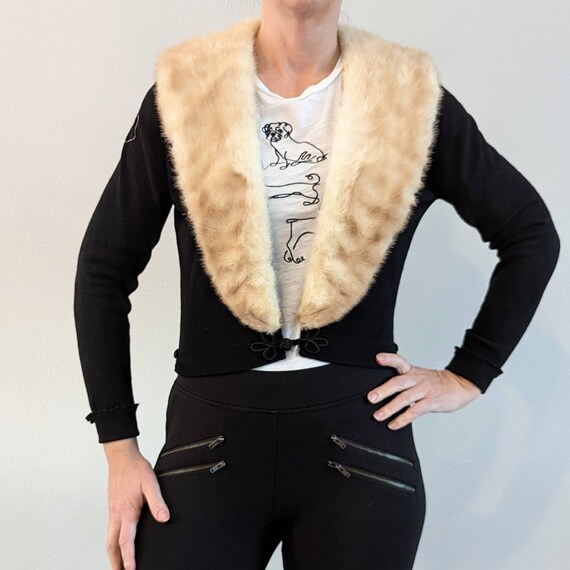 BLACK CASHMERE CARDIGAN sweater with fur collar S… - image 3