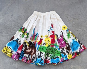 hand painted 1950's MEXICAN CIRCLE SKIRT 50's full xxs xs 23 waist (G5)