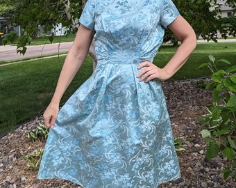1960's light blue SILKY MIDI DRESS 60's M (O7)