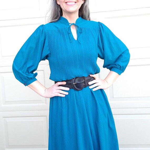 1980's TEAL PINDOT DRESS 80's modest S (B5) - Gem