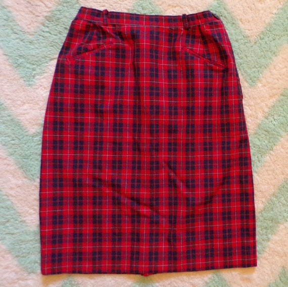 RED and NAVY PLAID pencil skirt 1950's 1960's pre… - image 1