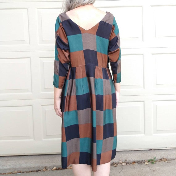 COLORBLOCK CHECK DRESS 1980's 80's rayon S M (G12) - image 6