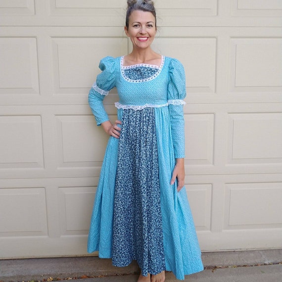 aqua calico 1800's STYLE MAXI DRESS cottagecore pr