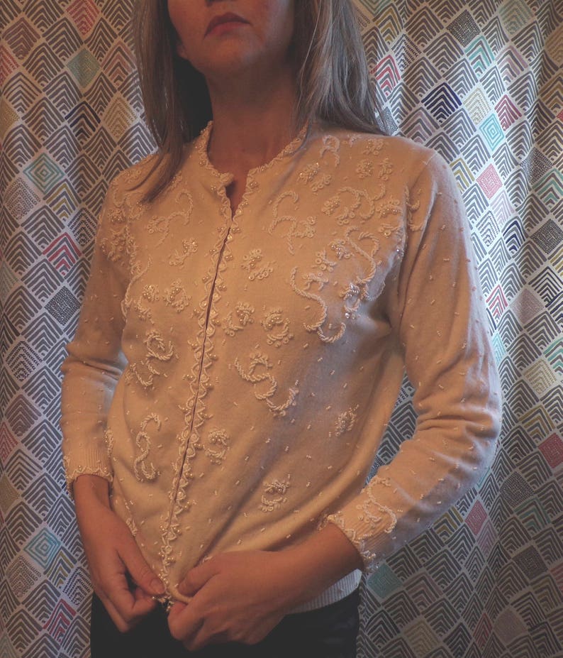 B5 vic /& vic IVORY BEADED CARDIGAN 1950/'s 1960/'s sweater S M