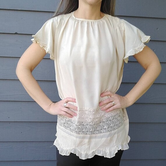 1920's SILK FLOAT BLOUSE 20's ivory S (K10)
