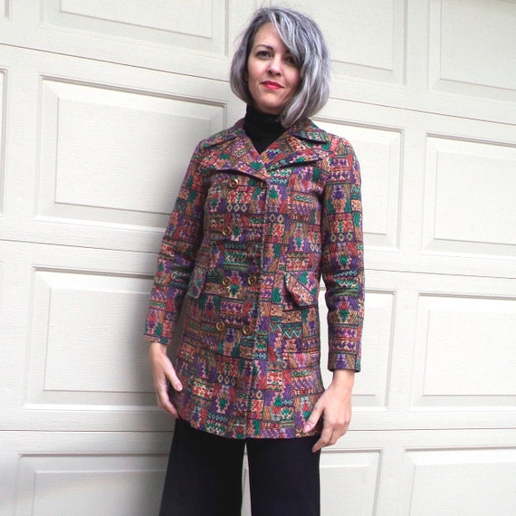 1960's TAPESTRY PRINT JACKET pea coat 60's S (G1)