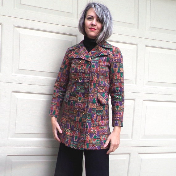 1960's TAPESTRY PRINT JACKET pea coat 60's S (G1) - image 1