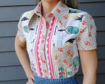 BLOUSE upcycled from a VINTAGE TABLECLOTH S M (B7)
