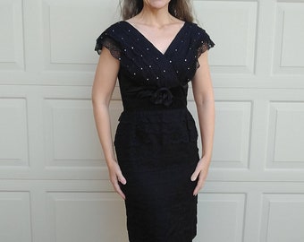 amazing BLACK LACE wiggle DRESS layered rhinestone cocktail party S (G10)