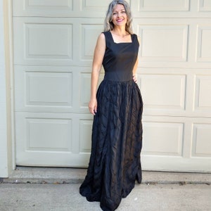 1950&#39;s BLACK TAFFETA GOWN 50&#39;s maxi dress M (N6)