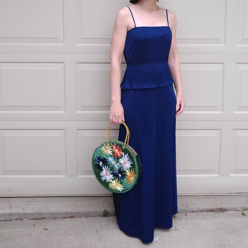 F4 1970s NAVY MAXI DRESS spaghetti strap disco 70s S