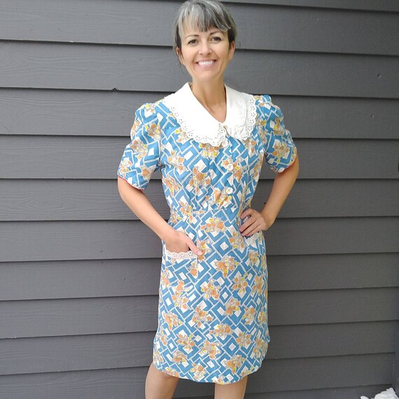 1930s COTTON FEEDSACK DRESS 30s M L (K5)