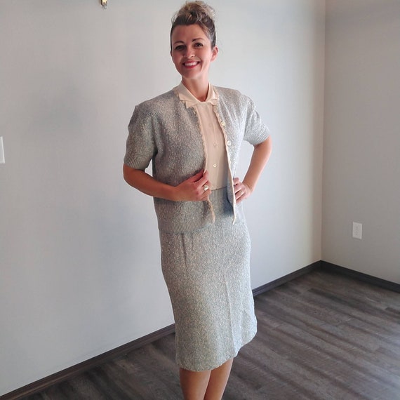 SWEATER SKIRT SET cardigan 1950s 1960s M (F5)