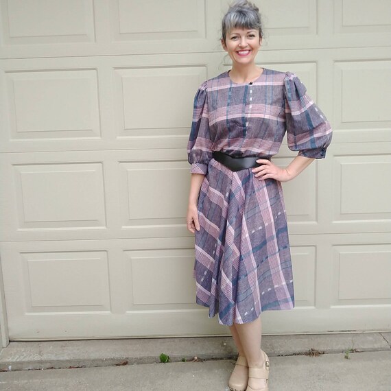 1980s PUFF SLEEVE DRESS 80s plaid M (A4) - image 3