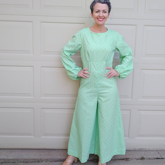 MINT GREEN with GOLD polka dots 60's 70's wide leg