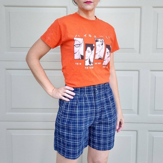 BLUE PLAID SHORTS linen blend high waist S (A10) - image 3