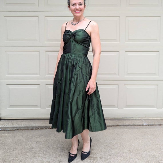 1940's 1950's TAFFETA MIDI DRESS Iridescent Green S (J4)