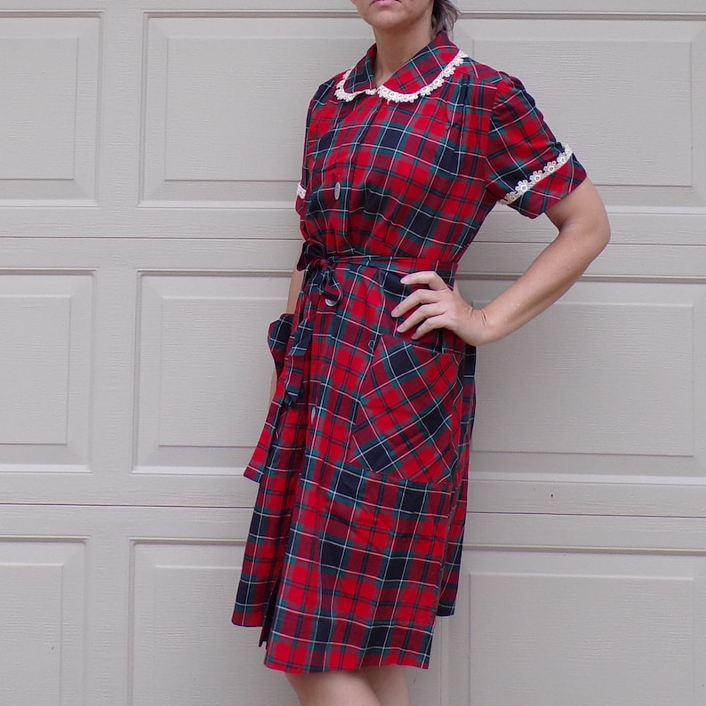 B9 RED PLAID maternity DRESS 1950/'s 1960/'s Peter Pan collar S