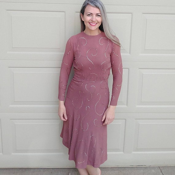 STUDDED CREPE 1940's DRESS 40's mocha xs S