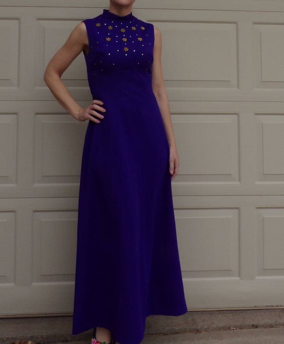 1970's PURPLE MAXI DRESS with jewel accents sleev… - image 2