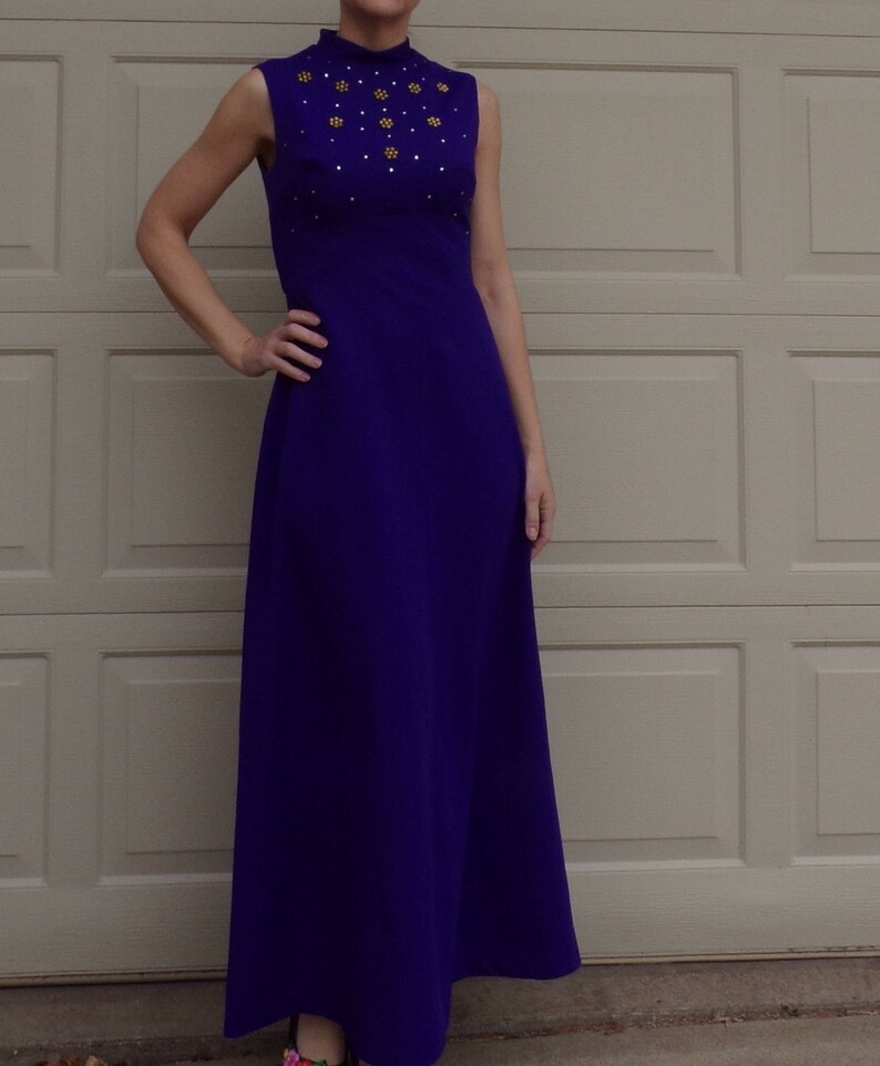 1970's PURPLE MAXI DRESS with jewel accents sleeveless gown S D1 image 2