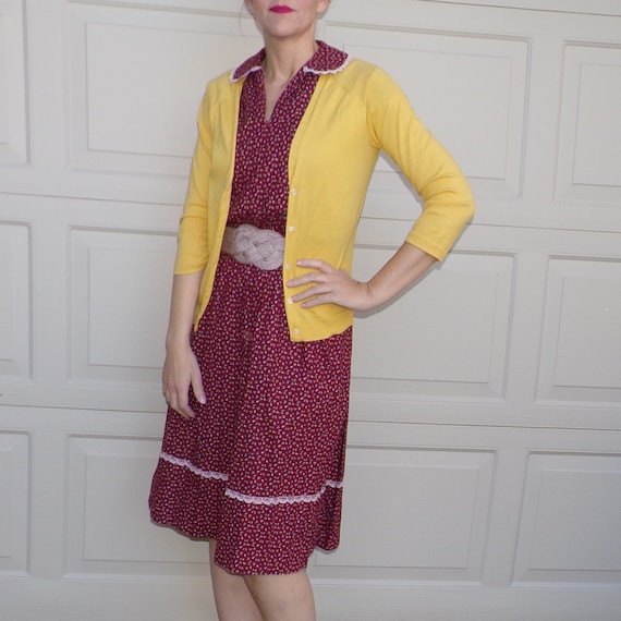 1970s CALICO DAY DRESS 70s burgundy cotton popove… - image 1