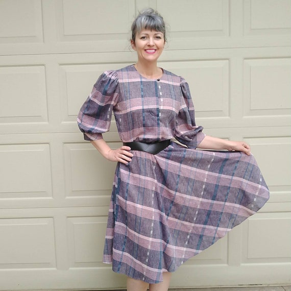 1980s PUFF SLEEVE DRESS 80s plaid M (A4) - image 5