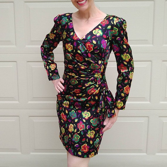CURVY SILK DRESS 1980s 80s fine feathers S (E2)