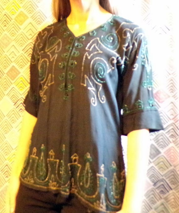 1920's BEADED NAVY SILK blouse tunic S 20's (E6)