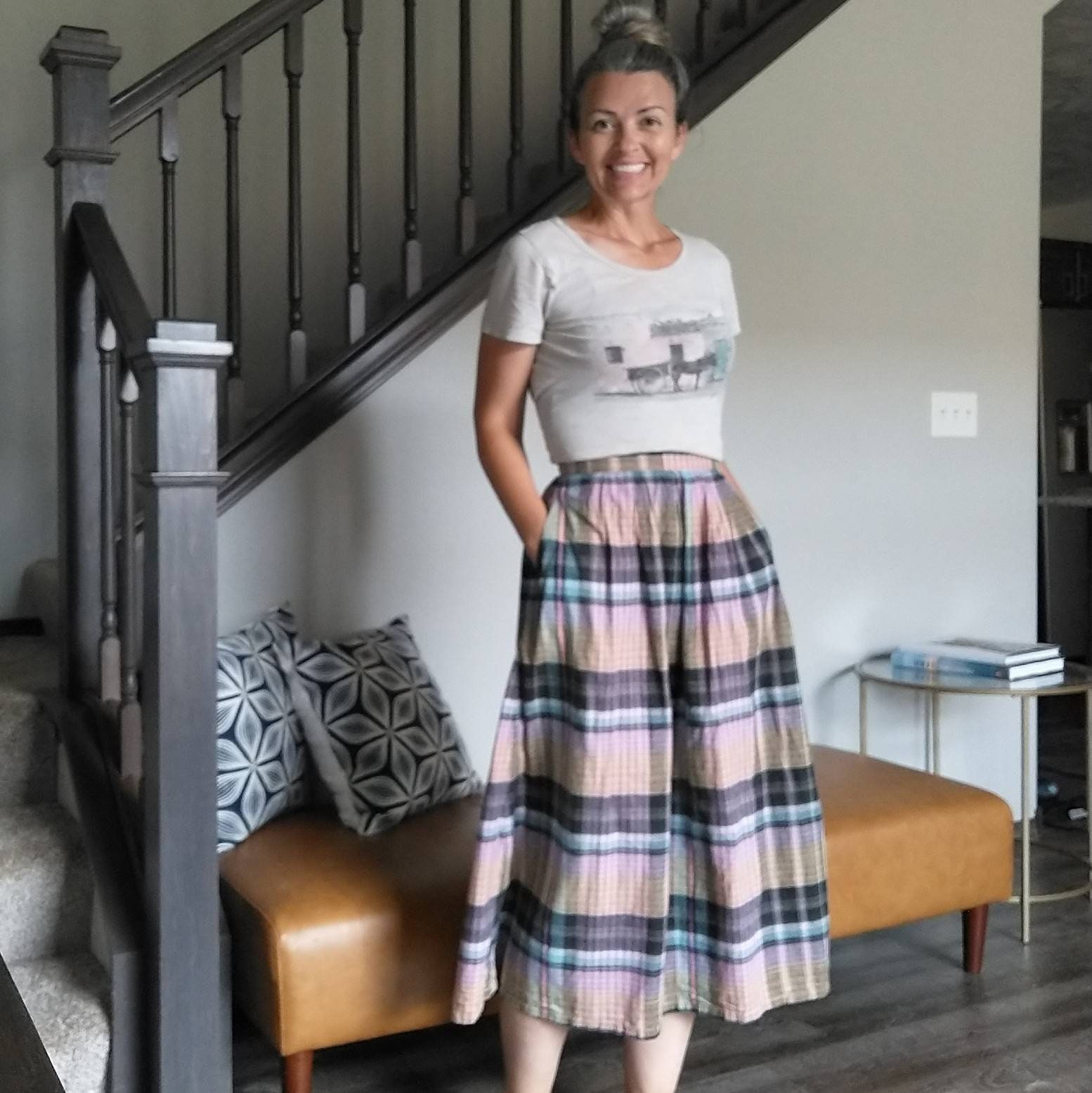 MADRAS PLAID SKIRT Cotton Midi Long S 