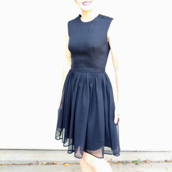 BLACK CHIFFON party DRESS 1950s 1960s S (G12) - image 2