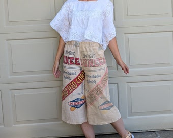 FEEDSACK PANTS wide leg VINTAGE rustic corn seed S M