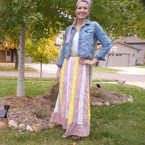 boho PATCHWORK MAXI SKIRT 1970s 70s M (G4)