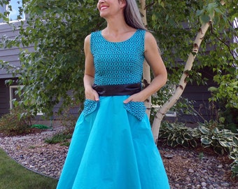 aqua 1950's DRESS WITH POCKETS handmade cutie xs S petite (D5)