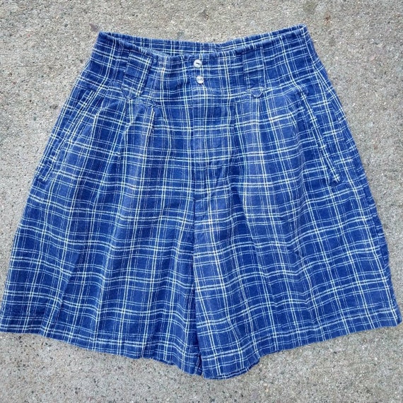 BLUE PLAID SHORTS linen blend high waist S (A10) - image 5