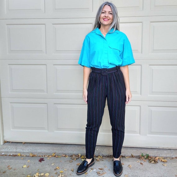 1980's HIGH WAISTED PANTS striped rayon with belt… - image 1