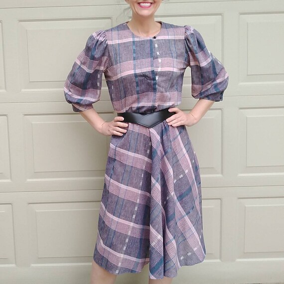 1980s PUFF SLEEVE DRESS 80s plaid M (A4) - image 1