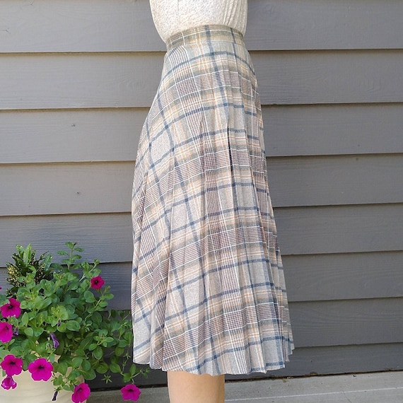 SOFTLY PLEATED plaid SKIRT gray blue tan xs (B6) - image 4