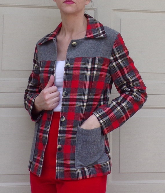 PLAID WOOL shirt JACKET 1950s 50s S (A2)