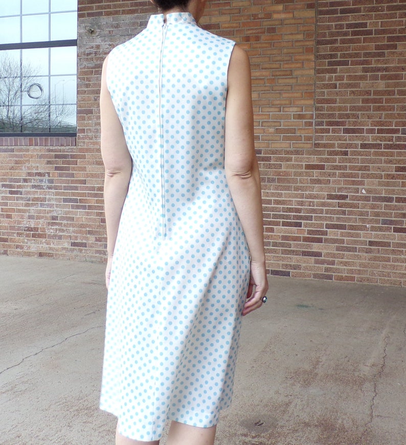 AQUA BLUE polka dot mod DRESS pussy bow neck tie M B1