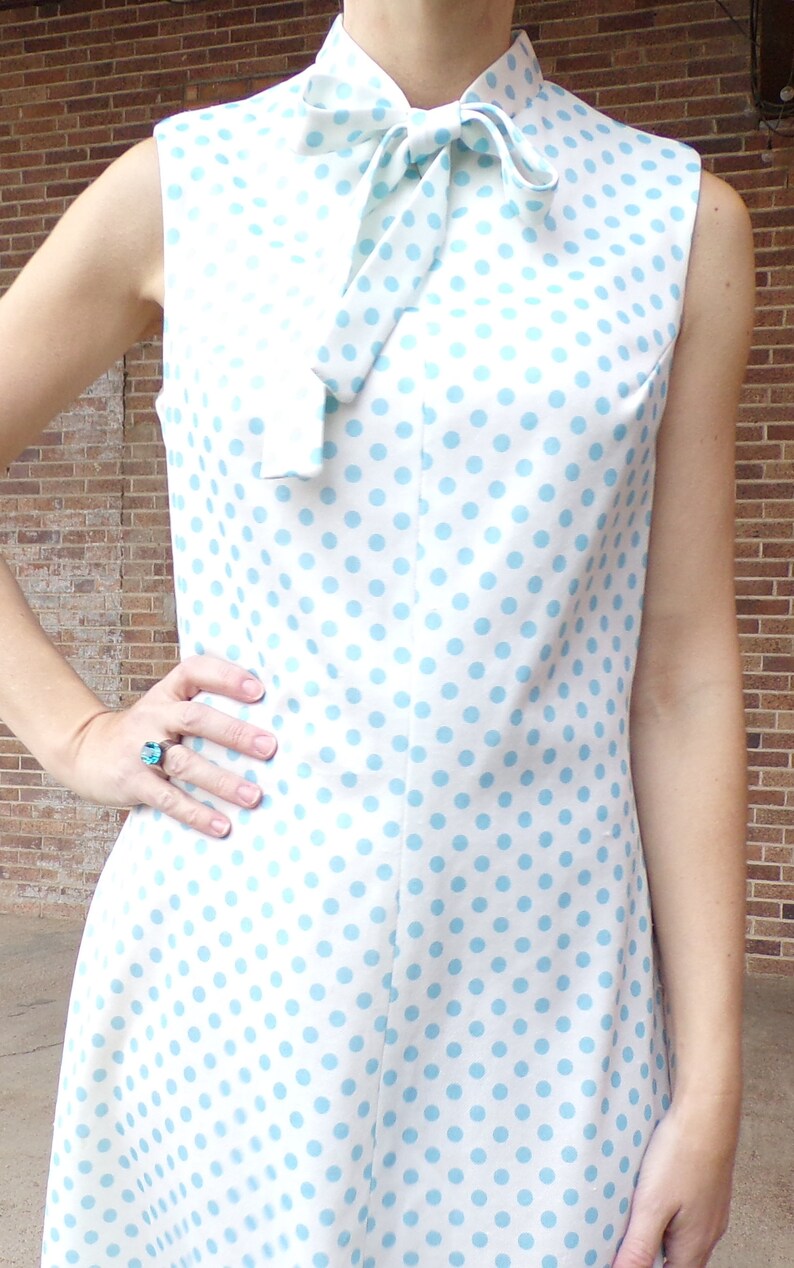 AQUA BLUE polka dot mod DRESS pussy bow neck tie M B1