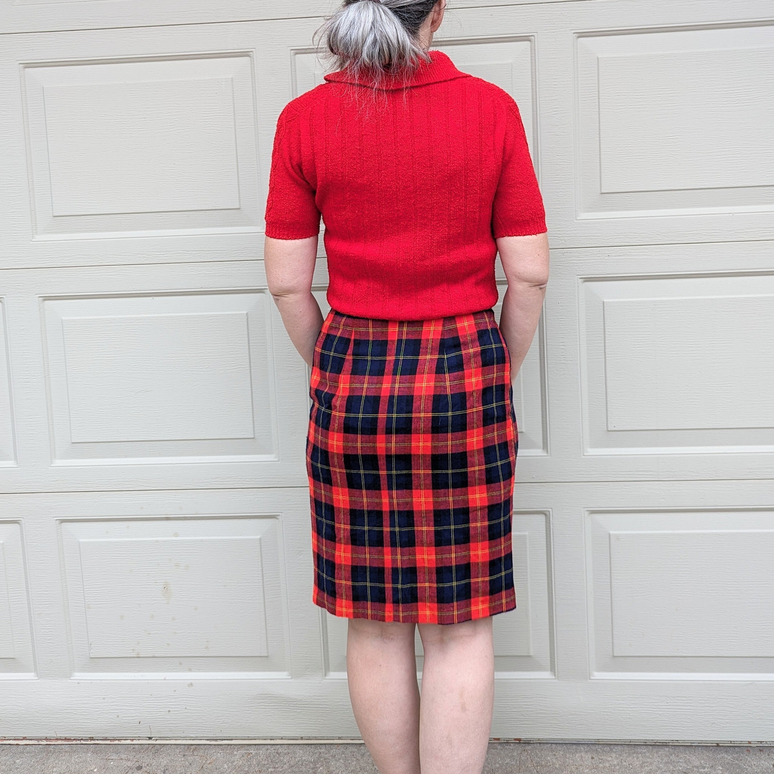 Long red top plaid pencil skirt