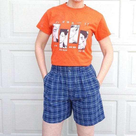 BLUE PLAID SHORTS Linen Blend High 