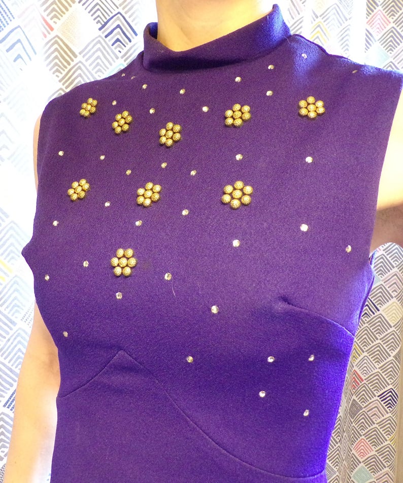 1970's PURPLE MAXI DRESS with jewel accents sleeveless gown S D1 image 4