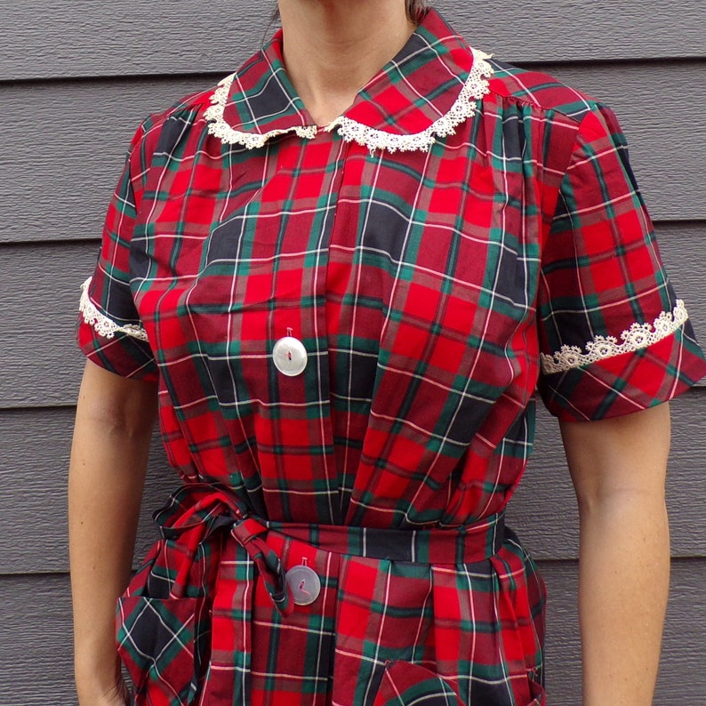 B9 RED PLAID maternity DRESS 1950/'s 1960/'s Peter Pan collar S