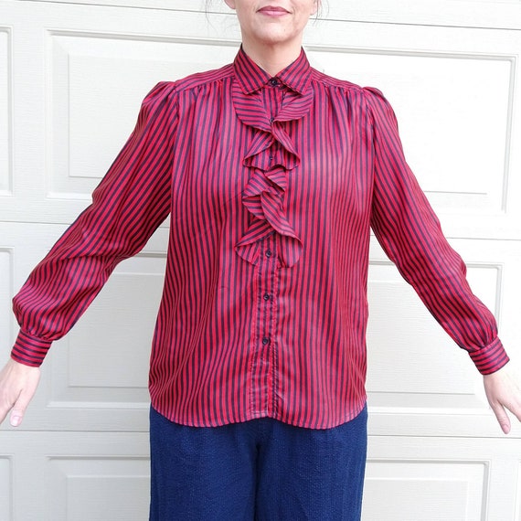 STRIPED RUFFLE BLOUSE vintage 1980's 80's S (E6) - image 5