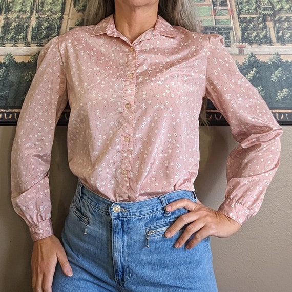 1980's pink SILKY FLORAL BLOUSE 80's S (O3) - image 1