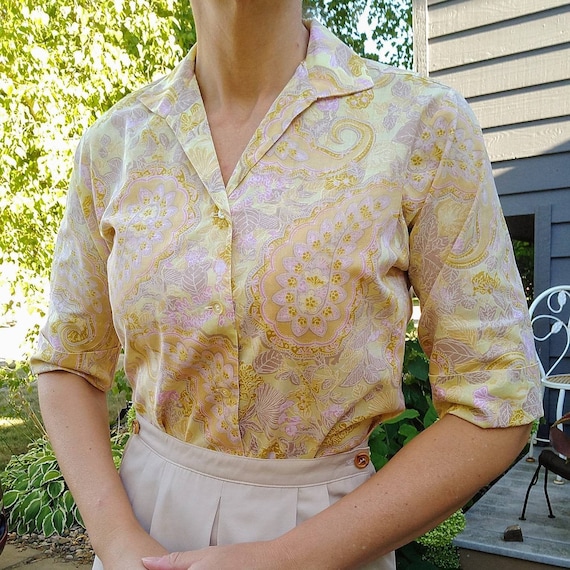 NOVELTY PRINT BLOUSE 50's 60's cotton xs S (B8)
