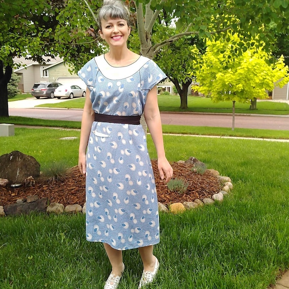 1930s COTTON DAY DRESS 30s M L (B4)